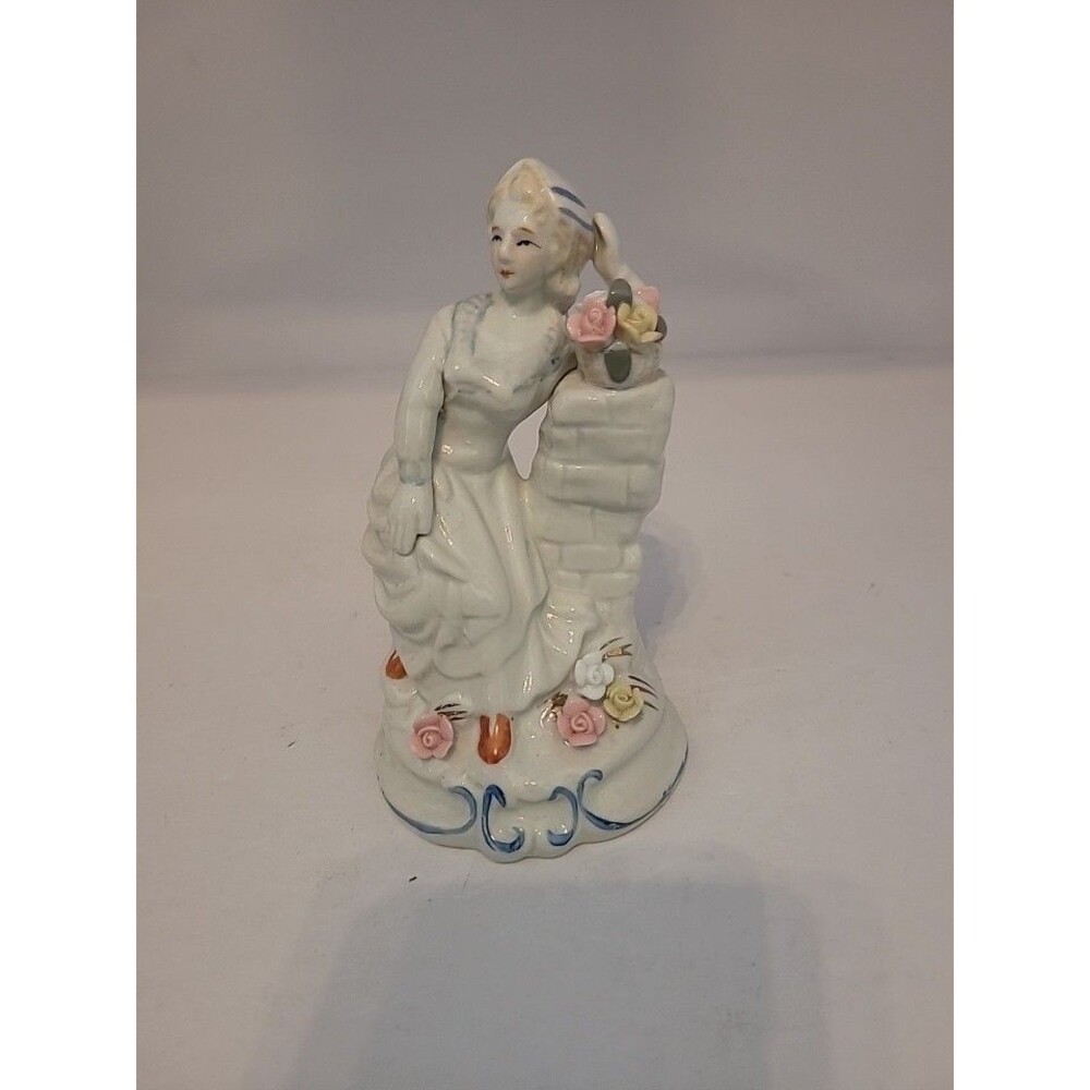 Vintage Victorian Lady Sitting On Stone Wall Figurine Hand Painted
